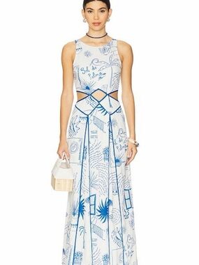 Never Fully Dressed White Maxi Dress with Blue Graphic Print and Cutouts